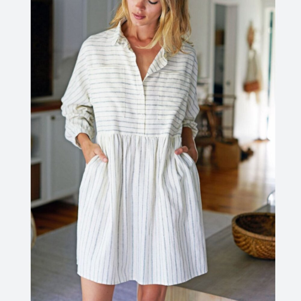 Emerson Fry Selma Longsleeve Dress Stripe White Gray Button-Up XS short collar